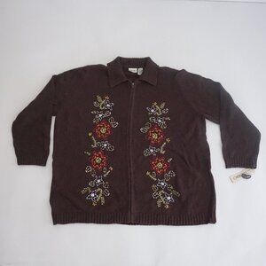 Vintage Cherokee Embroidered Brown Zip Knit Cardigan Floral Sweater 22W/24W NWT